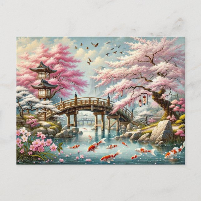 Japanische Landschaft mit Bridge-, Koi- und Sakura Postkarte (Vorderseite)