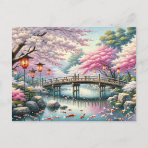 Japanische Landschaft mit Bridge-, Koi- und Sakura Postkarte