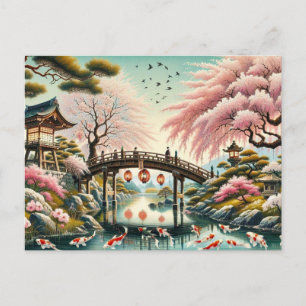 Japanische Landschaft mit Bridge-, Koi- und Sakura Postkarte