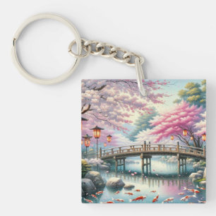 Japanische Landschaft mit Bridge-, Koi- und Sakura Schlüsselanhänger