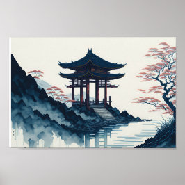 Japanische Landschaft mit Pagode Poster