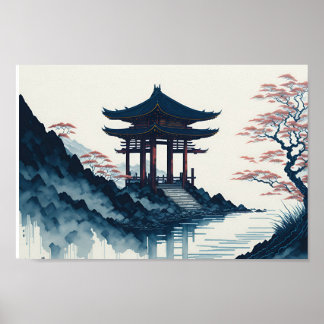 Japanische Landschaft mit Pagode Poster