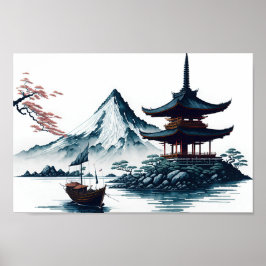 Japanische Landschaft mit Pagode Poster