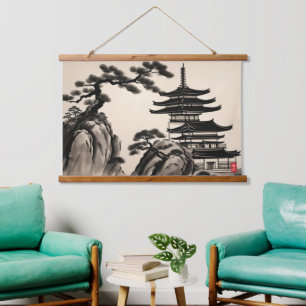 Japanische Landschaft Tinte Malerei Wandteppich Mit Holzrahmen