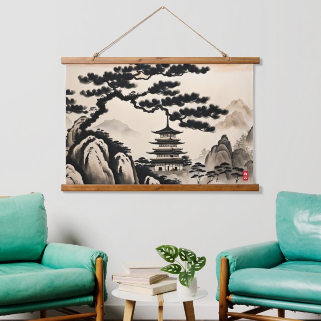 Japanische Landschaft Tinte Malerei Wandteppich Mit Holzrahmen (Wohnzimmer)