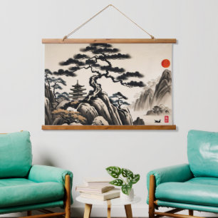 Japanische Landschaft-Tuschemalerei Wandteppich Mit Holzrahmen