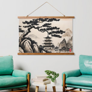 Japanische Landschaft-Tuschemalerei Wandteppich Mit Holzrahmen