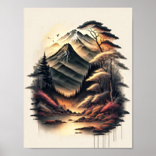 Japanische Landschaft-Tuschezeichnung mit Vulkan Poster