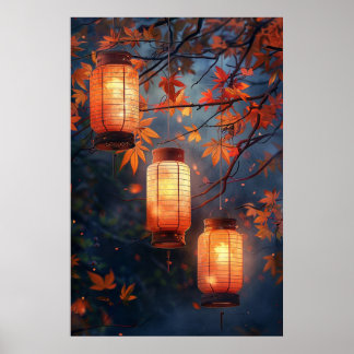 Japanische Laternen bei Nacht – Warme Aquarellkuns Poster