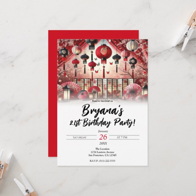 Japanische Laternen und Kirschblüten Geburtstagspa Einladung (Vorderseite/Rückseite Beispiel)