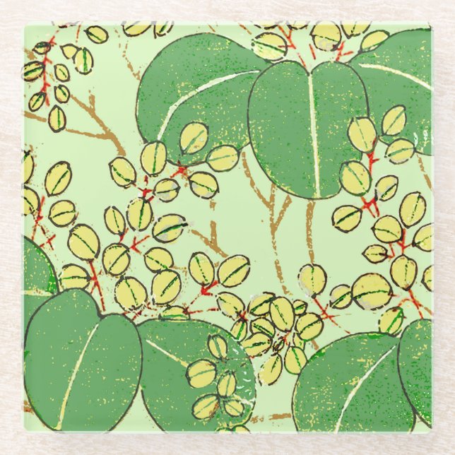 Japanische Leaf Floral Botanisches Kunstmuster Glasuntersetzer (Vorderseite)