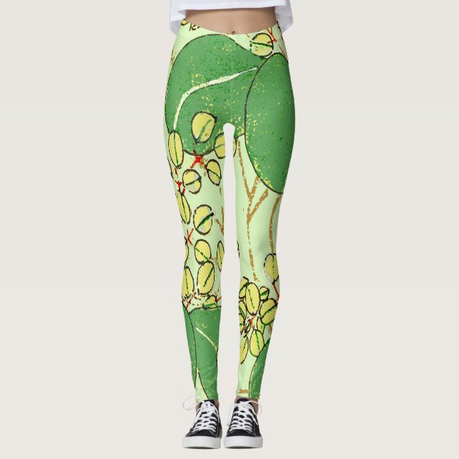 Japanische Leaf Floral Botanisches Kunstmuster Leggings (Vorderseite)