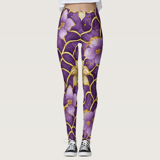 Japanische Leggings mit Lila Blütengold (Vorderseite)