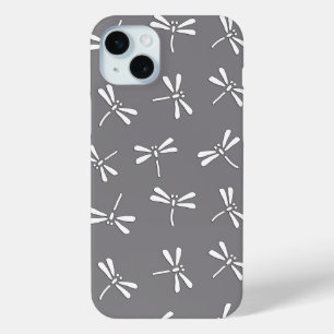 Japanische Libellenmuster, grau/grau und weiß iPhone 15 Mini Hülle