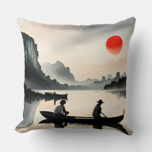 Japanische Männer Segelboot Abend River Landscape Kissen