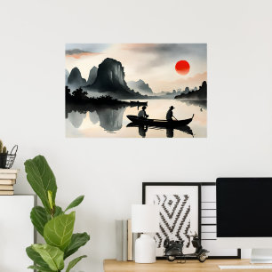 Japanische Männer Segelboot Abend River Landscape Poster