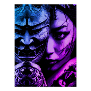 Japanische maskierte Frau dunkles Tattoo Realismus Poster