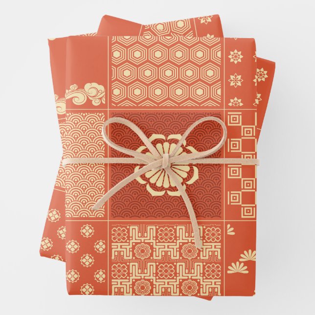 Japanische Mix Patchwork Coral Geschenkpapier Set (Beispiel)