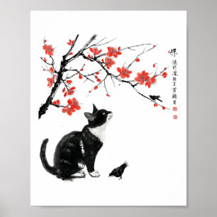 Japanische Naturkunst_ Katze und Vogel mit Kirschb Poster