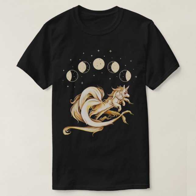 Japanische neun Schwänze Fox Kitsune Moon Phases F T-Shirt (Design vorne)