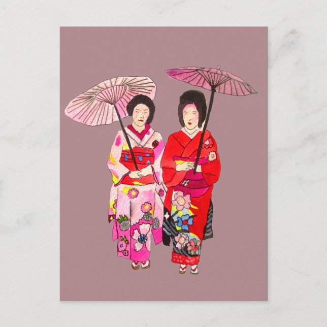 Japanische niedliche Geisha mit rosa Kimono Postkarte (Vorderseite)