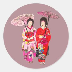 Japanische niedliche Geisha mit rosa Kimono Runder Aufkleber