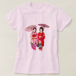 Japanische niedliche Geisha mit rosa Kimono T-Shirt