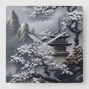 Japanische Pagode & Kirschblüten-Landschaftswanduh Quadratische Wanduhr