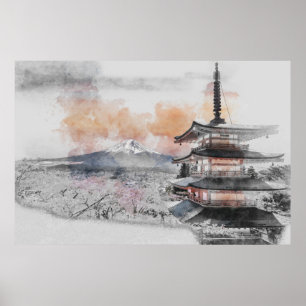 Japanische Pagode mit Mount Fuji – Minimalistisch Poster