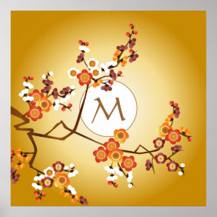 Japanische Pflaumenblüten Moon Gold Orange Red Bra Poster