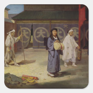 Japanische Pilgris kehrt aus dem Berg Fusi Yama zu Quadratischer Aufkleber