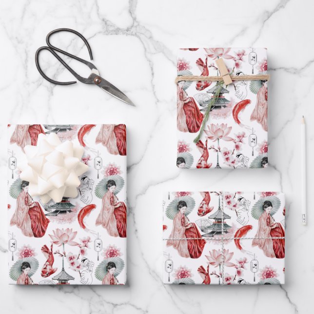 Japanische Pogoda, Geisha, Krane und Koi Geschenkpapier Set (Vorderseite)