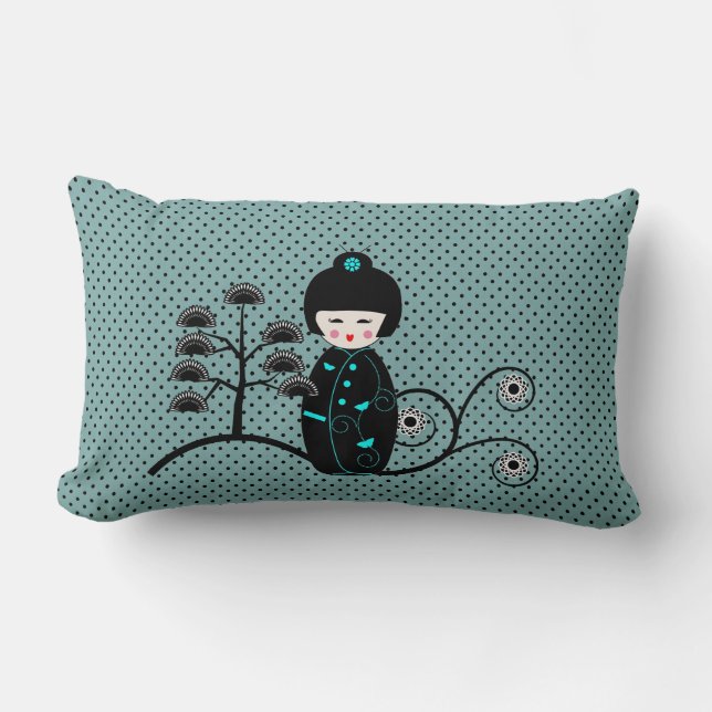 Japanische Puppe Black und Blue Polka Dot Lendenkissen (Vorderseite)