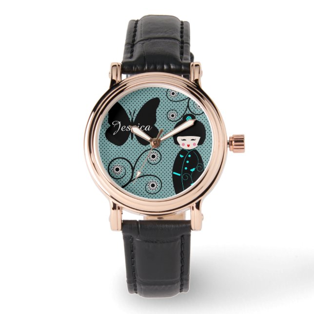 Japanische Puppe in Kimono Niedlich Armbanduhr (Vorderseite)