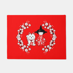 Japanische Puppe - Kokeshi und Maneki Neko Cat Fußmatte