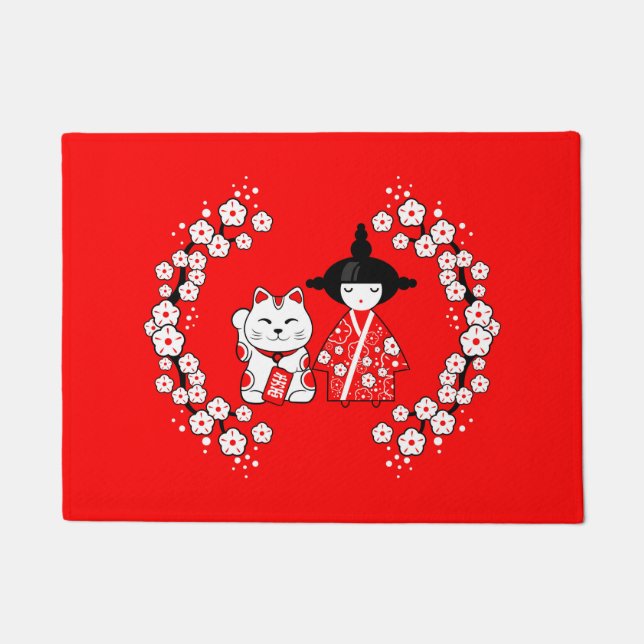Japanische Puppe - Kokeshi und Maneki Neko Cat Fußmatte (Vorderseite)