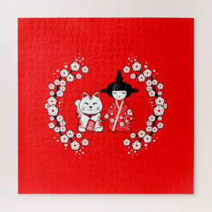 Japanische Puppe - Kokeshi und Maneki Neko Cat Puzzle