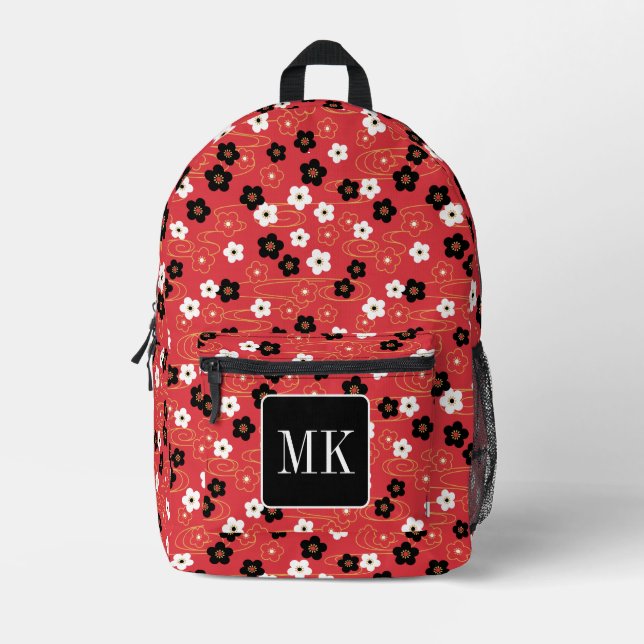 Japanische Rote Sakura-Blossom-Monogramm-Initialen Bedruckter Rucksack (Vorderseite)