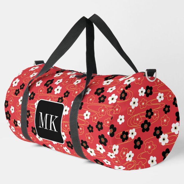 Japanische Rote Sakura-Blossom-Monogramm-Initialen Duffle Bag (Linke Ecke)