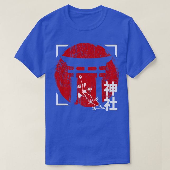 Japanische Rote Sonne mit Schrein und Sakura Cherr T-Shirt (Design vorne)