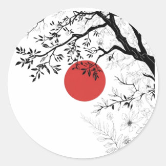 Japanische rote Sonne & Pinselbaum-Kunst Runder Aufkleber