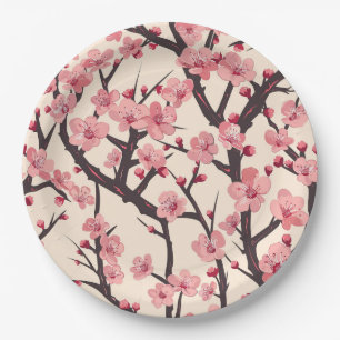 Japanische Sakura Rosa Blüte Dunkler Zweig Creme Pappteller