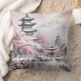 Japanische Sakura Tree Pagode und Bridge Pink Gray Kissen