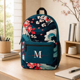 Japanische Sakura-Wellen mit individuellem Monogra Bedruckter Rucksack
