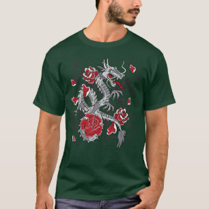 Japanische Samurai-Drache Retro-Figur mit Rosenblü T-Shirt