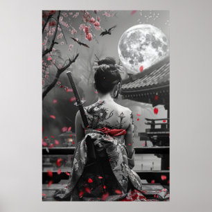 Japanische Samurai-Frau mit Tattoo unter dem Vollm Poster