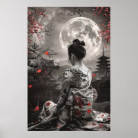 Japanische Samurai-Frau mit Tattoo unter dem Vollm
