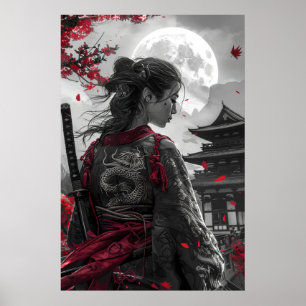 Japanische Samurai-Frau mit Tattoo unter dem Vollm Poster