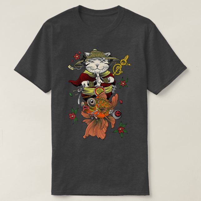 Japanische Samurai Katana Ninja Cat und Koi Fish C T-Shirt (Design vorne)