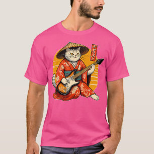 Japanische Samurai-Katze, die die elektrische Gita T-Shirt